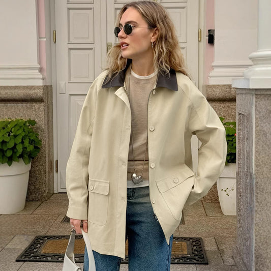 Retro Lapels Pure Cotton Contrast Color Loose Casual Jacket Autumn Winter Coat
