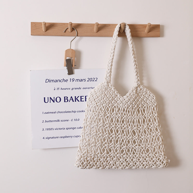 Hollow Out Cutout One Shoulder Cotton Thread Woven Bag Floral Straw Bag Vacation Beach Bag Women Bag One Size V-Shaped Twist Rice