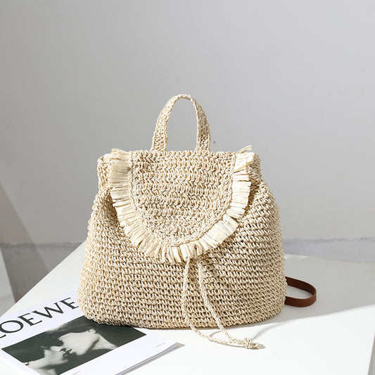 Backpack Straw Bag Mori Casual Tassel Straw Bag Woven Bag Women Same Seaside Vacation Beach Bag One Size Multi1