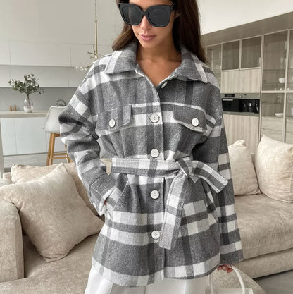 Autumn Winter Plaid Loose Fitting Collared Lace up Woolen Coat Women Overcoat