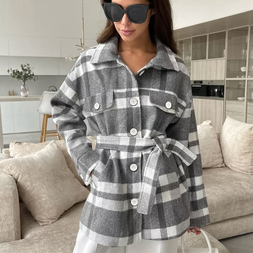 Autumn Winter Plaid Loose Fitting Collared Lace up Woolen Coat Women Overcoat
