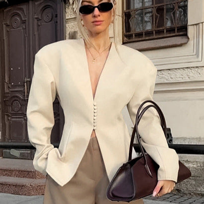 Autumn Niche Tight Waist V neck Long Sleeve Blazer Women Beige Casual