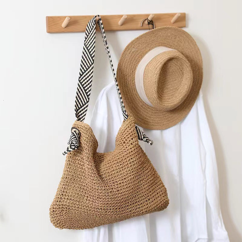 Bag Striped Wide Ribbon Shoulder Straw Bag Woven Bag Vacation Beach Bag One Size Striped Handle Brown