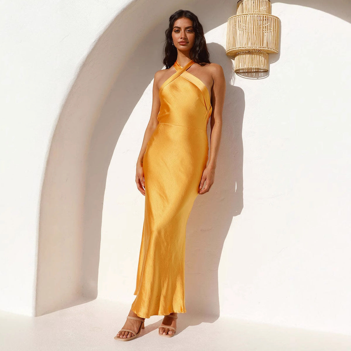 Summer Dress Slimming Solid Color Halterneck with Suspenders Cocktail Satin Dress Gold