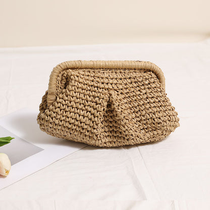 Crossbody Straw Bag Pleated Solid Color Straw Bag Woven Bag Vacation Beach Bag Women Bag One Size Clip Shell Coffee