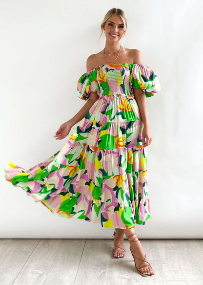 Holiday Sexy Slim Fit Backless Large Swing Dress off-Neck Printed Dress Summer Green2