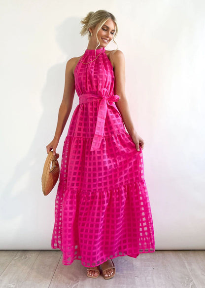 Spring Summer Stand Collar Solid Color Plaid Retro Maxi Dress Casual Dress for Women Plum