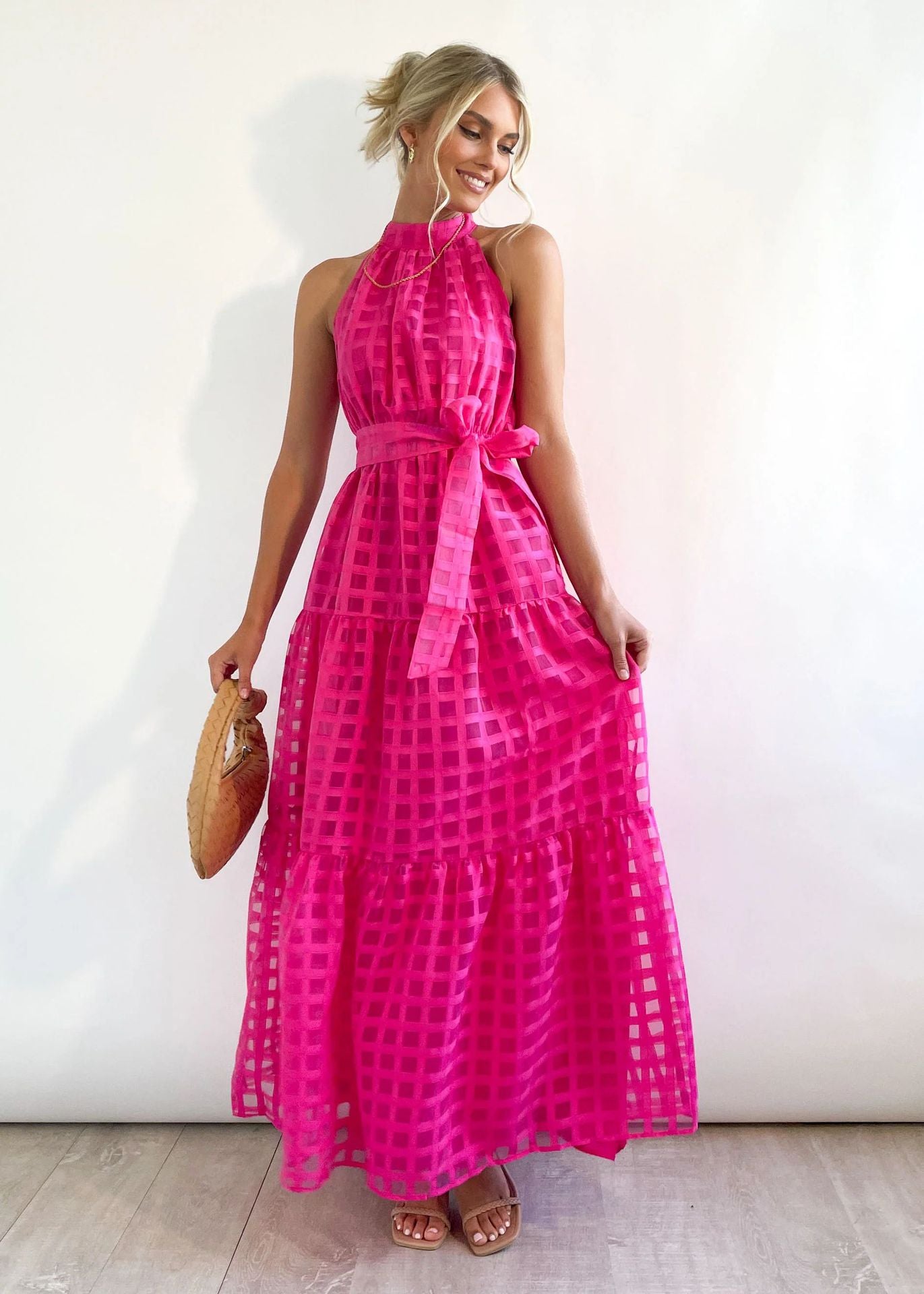 Spring Summer Stand Collar Solid Color Plaid Retro Maxi Dress Casual Dress for Women Plum