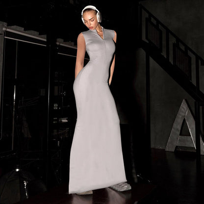 Women Clothing Summer Solid Color Simple Casual Zipper Sleeveless Slim Fit Dress Women Dress