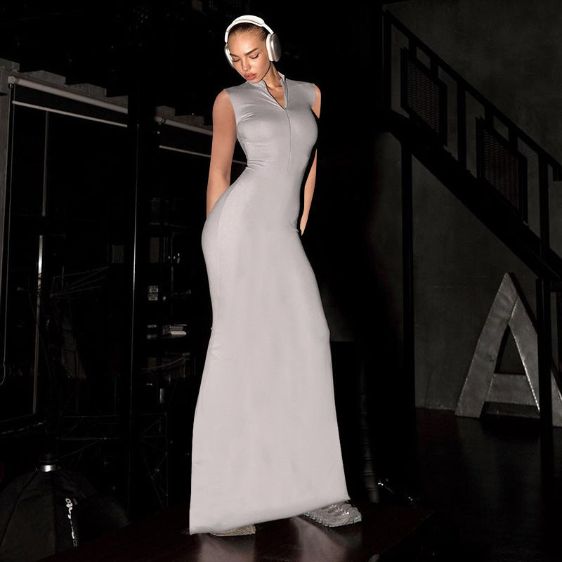 Women Clothing Summer Solid Color Simple Casual Zipper Sleeveless Slim Fit Dress Women Dress