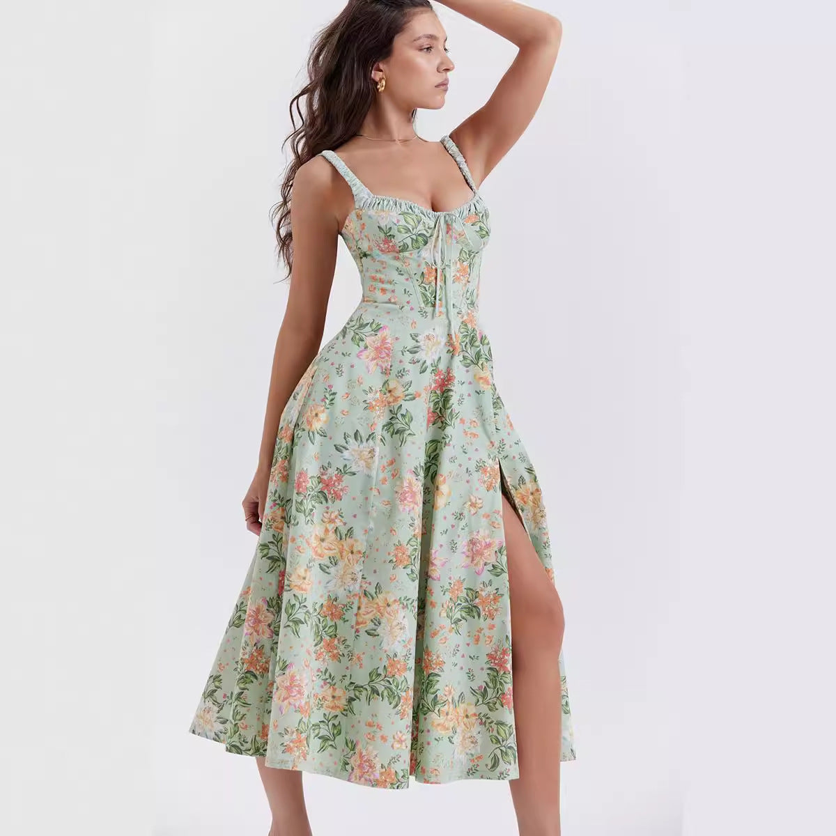 Spring Summer Women Printed Cami Dress Sexy Backless Slit Mid Length Dress for Women