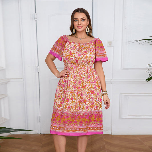 Plus Size Women Clothing Short Sleeve Bohemian Dress Holiday Beach Dress Summer Red