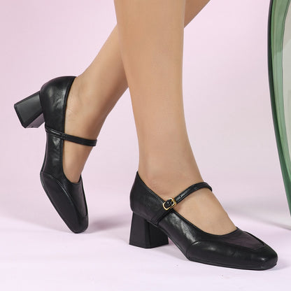Women Spring Autumn Low Cut Square Toe Mid Heel Chunky Heel High Heels Genuine Leather Wine Red