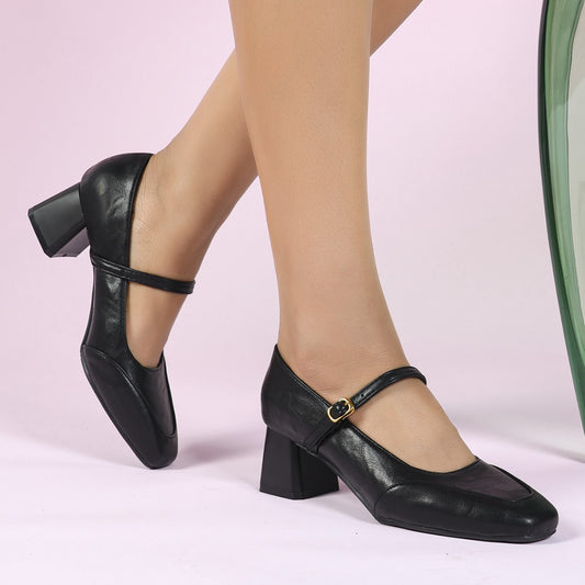 Women Spring Autumn Low Cut Square Toe Mid Heel Chunky Heel High Heels Genuine Leather Wine Red