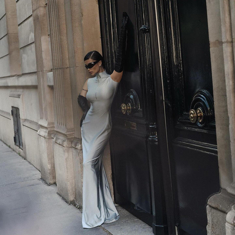 Women Clothing Summer Solid Color Simple Casual Zipper Sleeveless Slim Fit Dress Women Dress