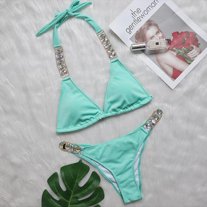 Bikini Plain Women Split Strap Luxury Diamond Swimsuit Sexy Metal Chain Accessories Swimwear Turquoise