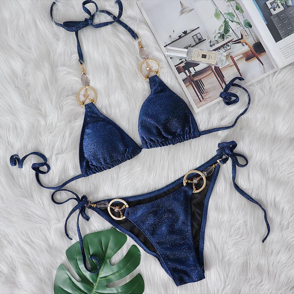 Sexy Bikini Handmade Beaded Swimsuit Crystal Diamond Split Women Swimsuit Guest Royal Blue