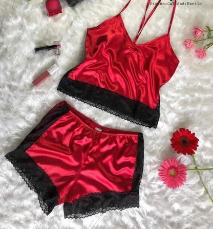 Women Sexy Underwear Imitation Silk Sling Princess Pajamas Sexy Supreme Seduction Two Piece Set Sexy Sleepwear Red