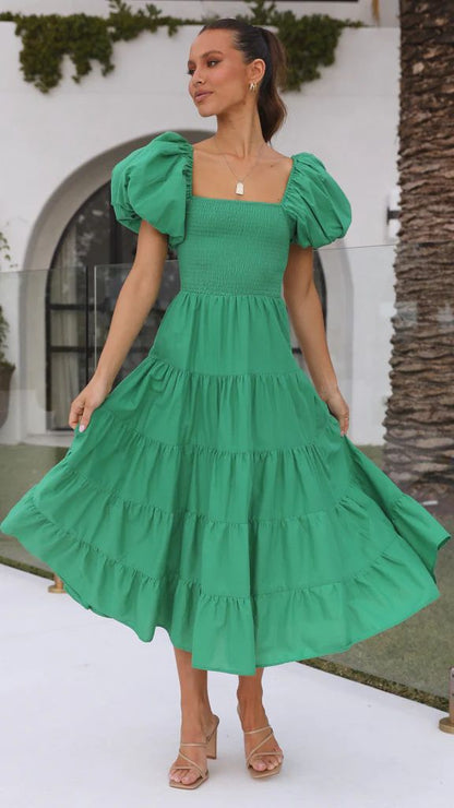 Holiday Sexy Slim Fit Backless Large Swing Dress off-Neck Printed Dress Summer Green