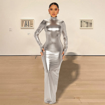 Autumn Winter Metallic Sexy Backless Skinny Slimming Slim Dress Women Metallic Coated Fabric Dress