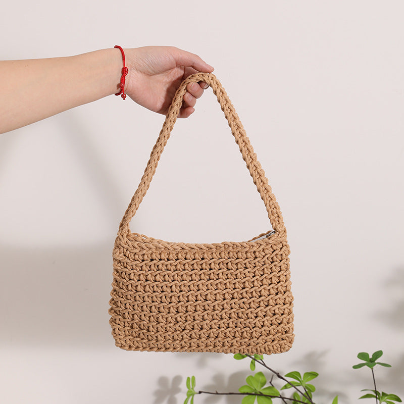 All Match Shoulder Cotton Thread Woven Bag Fresh Square Underarm Bag Straw Bag Solid Color Office Handbag Women One Size Cotton Thread One-Shoulder Coffee