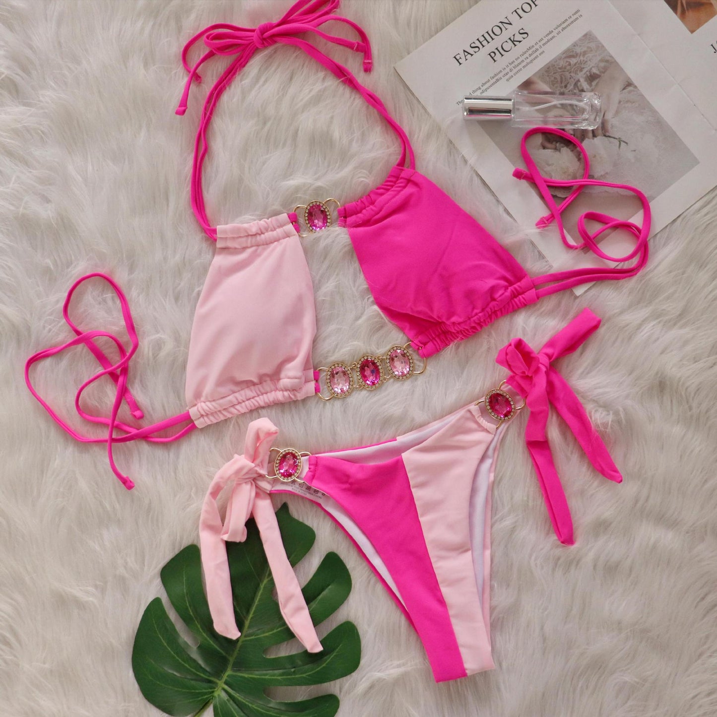 Baizi Crystal Diamond Bikini Sexy Patchwork Strap Women Split Swimsuit 4