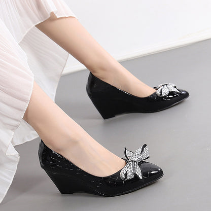 Pointed Toe Wedge Shallow Mouth Pumps Women Rhinestone Bow Comfortable Cocktail High Heel Women Classy Shoes