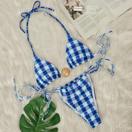 Bikini Sexy Plaid Printed Shell Pearl Swimsuit Bikini Blue