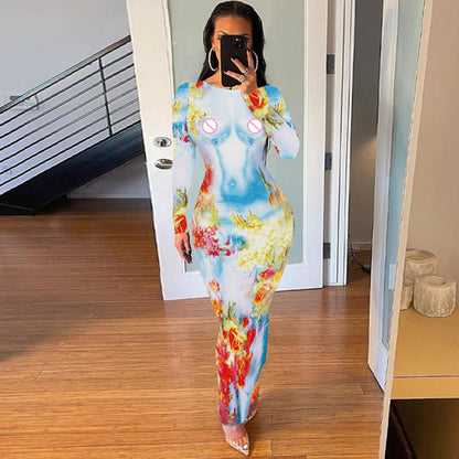 Women Clothing Autumn Winter Printing Slim Fit round Neck Long Sleeves Dress