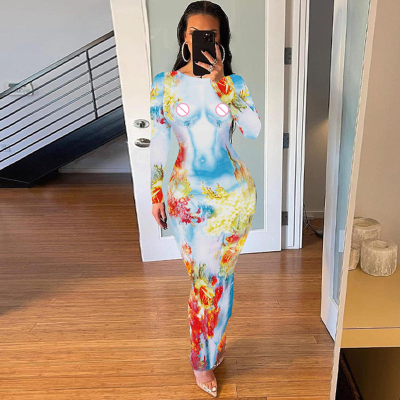 Women Clothing Autumn Winter Printing Slim Fit round Neck Long Sleeves Dress