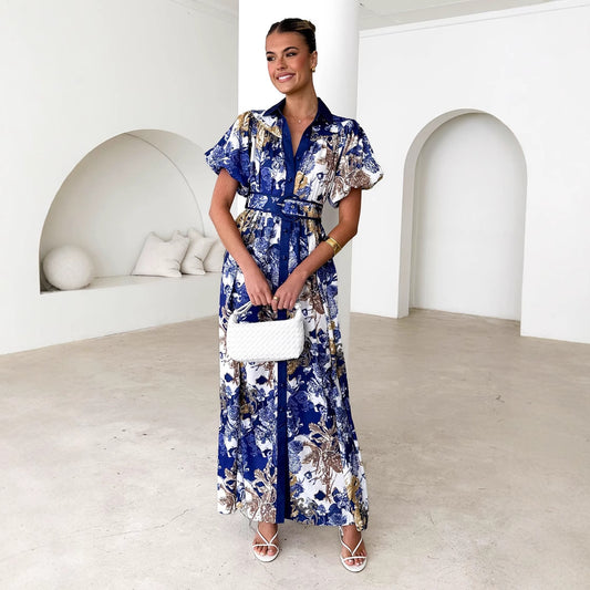 Stand Collar Ruffle Top High Waist Three Dimensional Mid Length Women Navy Blue