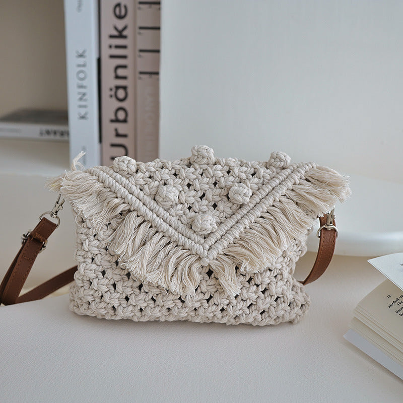 Beanie Crossbody Cotton Thread Woven Bag Women Tassel Bag Cover Shoulder Straw Bag Vacation Beach Bag One Size Cotton Thread Beanie Tassel Rice