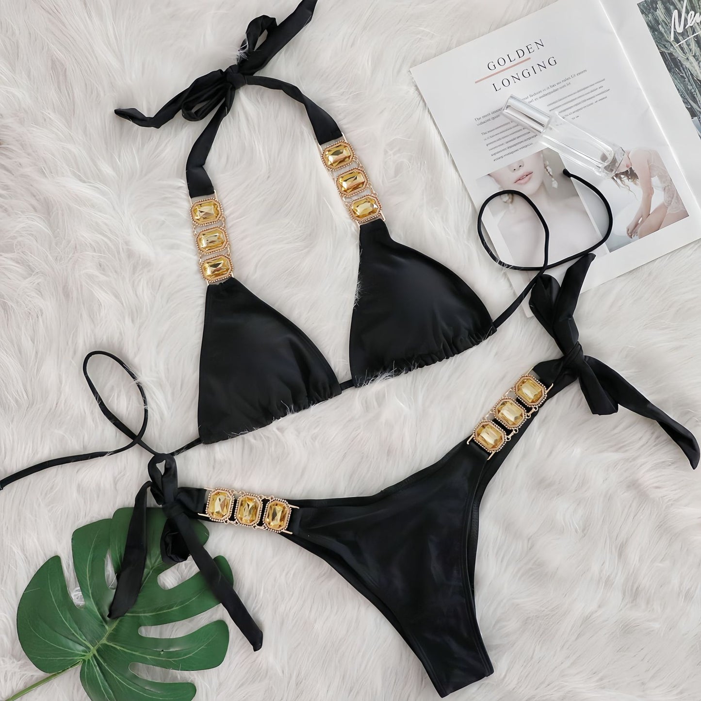 Crystal Diamond Bikini Sexy Women Split Bandage Swimsuit Beach Vacation Swimsuit Black