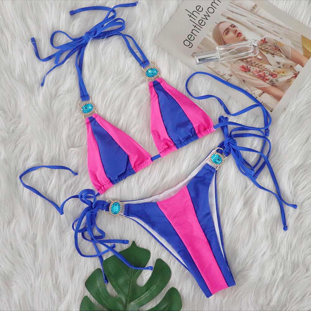 Sexy Crystal Diamond Bikini Solid Color Patchwork Bandage Swimsuit Vacation Split Women Swimsuit Blue