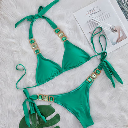Crystal Diamond Bikini Sexy Women Split Bandage Swimsuit Beach Vacation Swimsuit Green