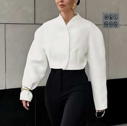 Autumn Stylish Graceful Simple V neck Machete Long Sleeve Loose Fitting Short Coat Women