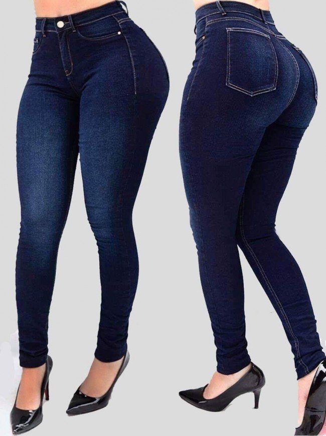 High Waist Stretch Slim Fit Skinny Pants Shaping Jeans Dark Blue