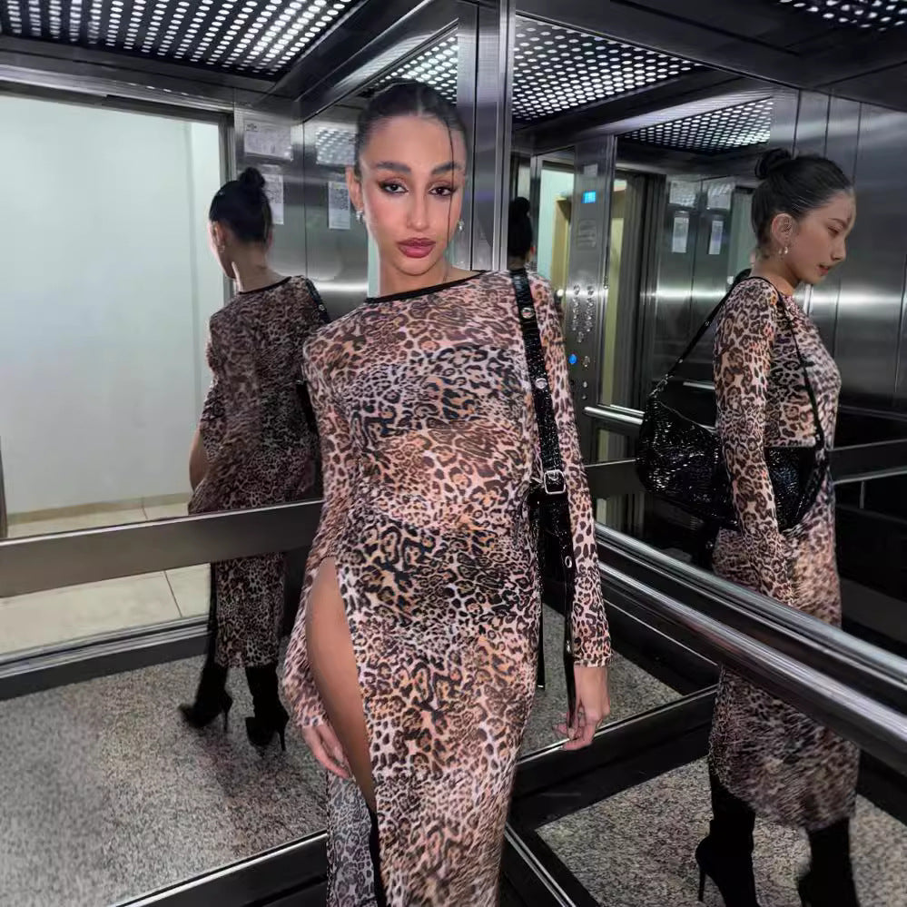 Women Clothing Round Neck Long Sleeve Mesh Floral Print Slit Dress Women Beach Vacation