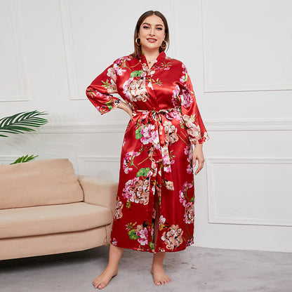 Plus Size Women Artificial Silk Satin Long Sleeved Pajamas Plump Girls Wearable Home Red