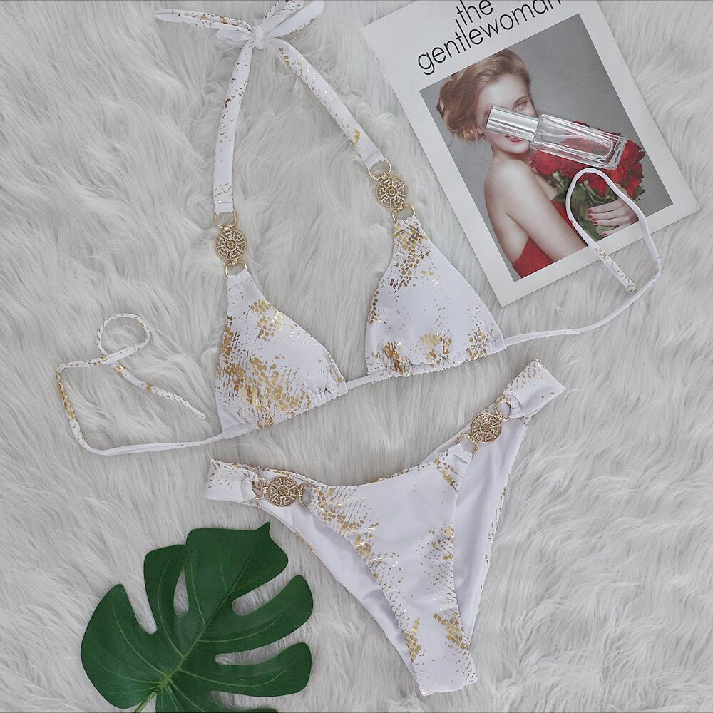 Snake Pattern Bronzing Bikini Crystal Diamond Metal Accessories Split Women Swimsuit Vacation Swimsuit White