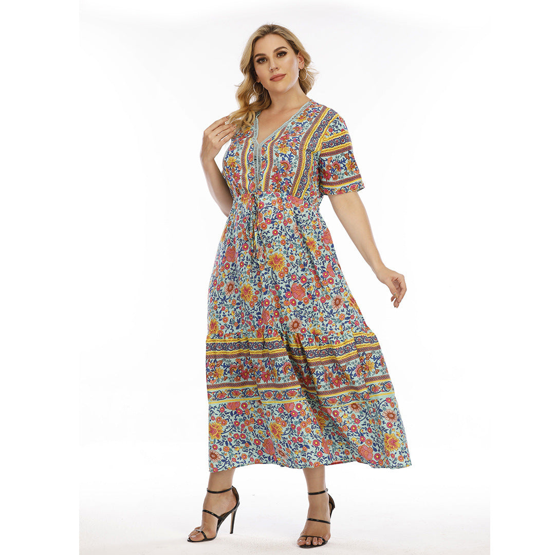 Plus Size Bohemian Dress Wearable Lace Patchwork Maxi Dress Light Green