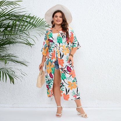 Plus Size Casual Vacation Sun Protection Clothing Bohemian Loose Printed Beach Shawl Orange