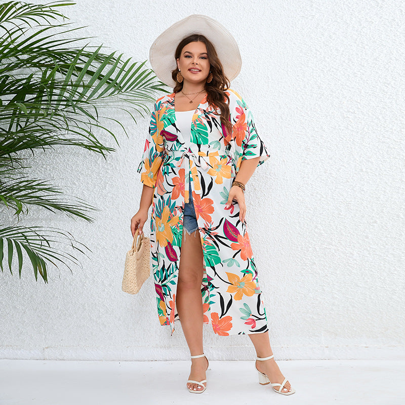 Plus Size Casual Vacation Sun Protection Clothing Bohemian Loose Printed Beach Shawl Orange