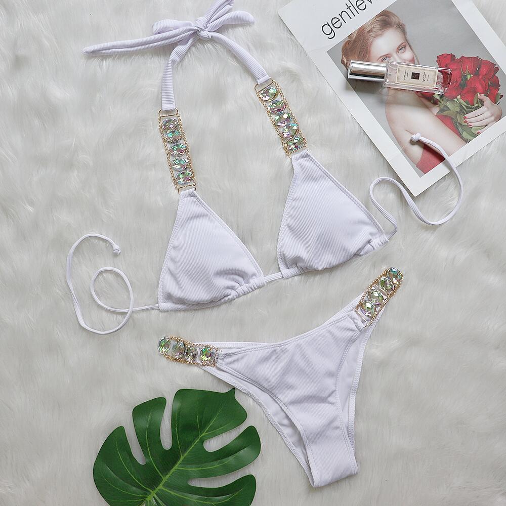 Bikini Plain Women Split Strap Luxury Diamond Swimsuit Sexy Metal Chain Accessories Swimwear White