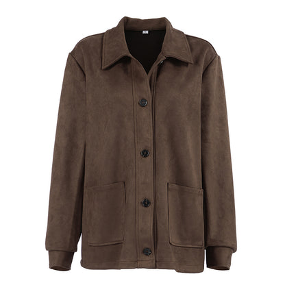 Autumn Winter Retro Maillard Suede Collared Long Sleeved Coat Women Simple Light Luxury Loose Figure Flattering