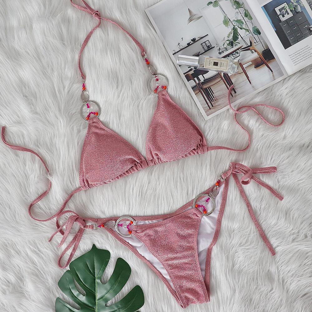 Sexy Bikini Handmade Beaded Swimsuit Crystal Diamond Split Women Swimsuit Guest Pink