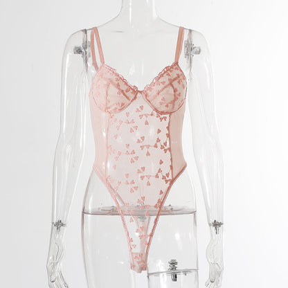 Sexy Small Heart Printing Transparent Mesh Jumpsuit Sexy Suit