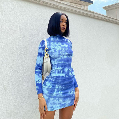 Women Clothing Spring Summer Printed Stand Collar Long Sleeve Waist Slimming Sheath Dress