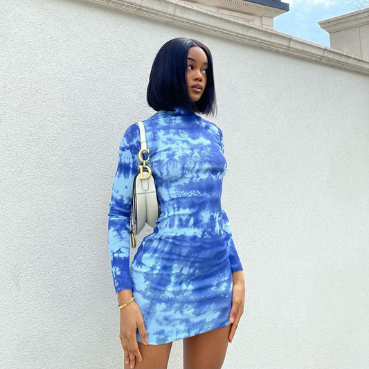 Women Clothing Spring Summer Printed Stand Collar Long Sleeve Waist Slimming Sheath Dress