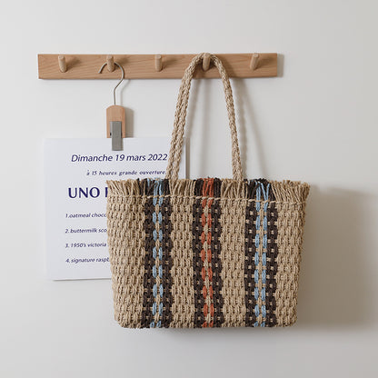 Vertical Stripes Straw Bag Woven Bag Women Simple Large Capacity Portable Shoulder Vacation Beach Bag